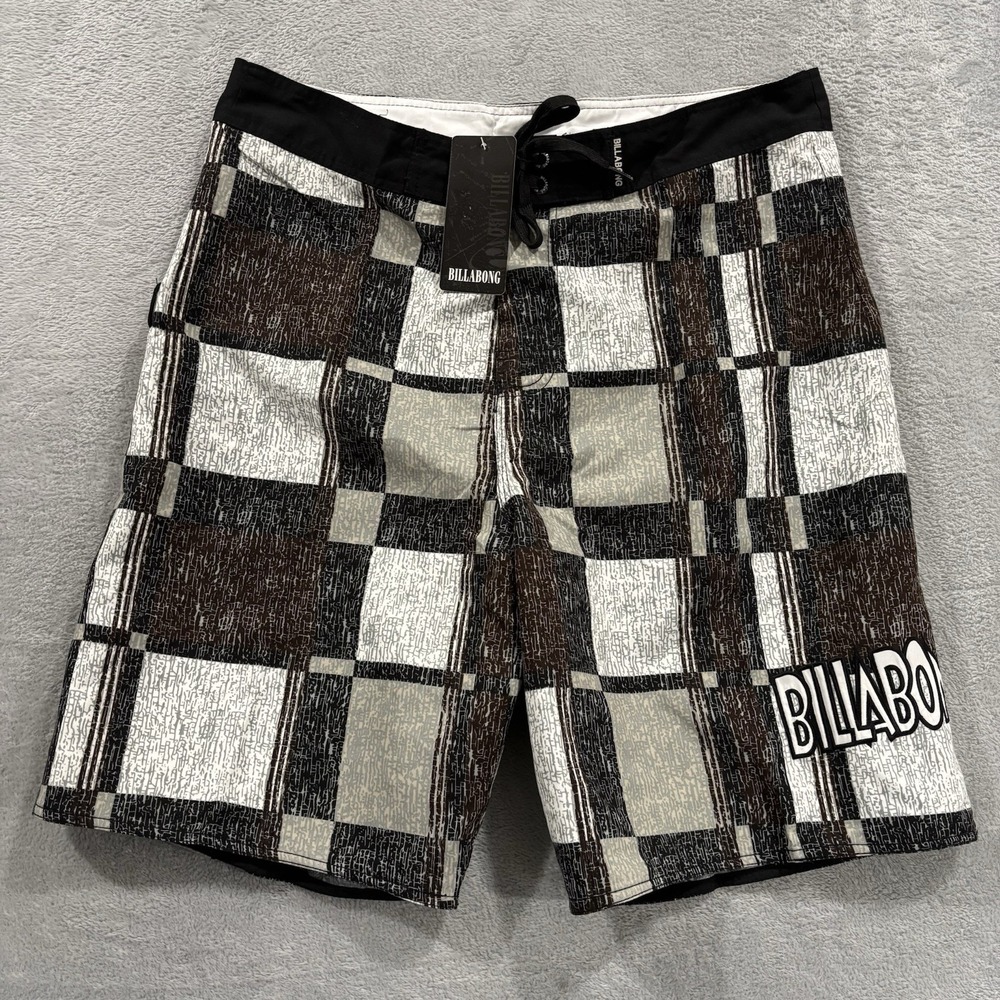 Billabong Swim Trunks Shorts Men 36 Black Plaid Beach Y2K Surf